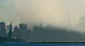 Statue of Liberty and New York City skyline on September 11, 2001