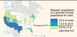 Hispanics in the U.S. in 2000 - Map 